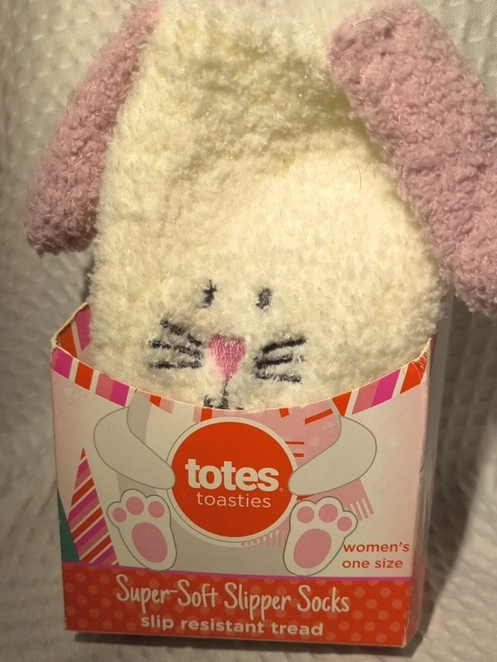 totes Cream and Pink Bunny Super-Soft Slipper Socks